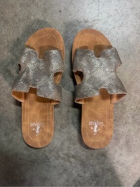 Corkys Bogalusa Slip On Open Toe Slide Gold Faux Snakeskin 8